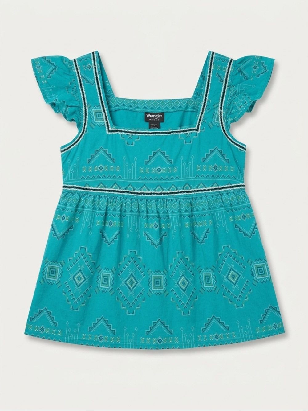 Wrangler women ' Teal Embroidered Square Neck Flutter-Sleeve Top